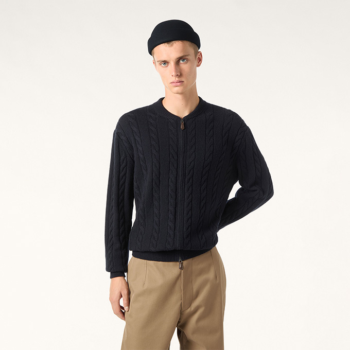 loro piana cedar cable knit zip cardigan